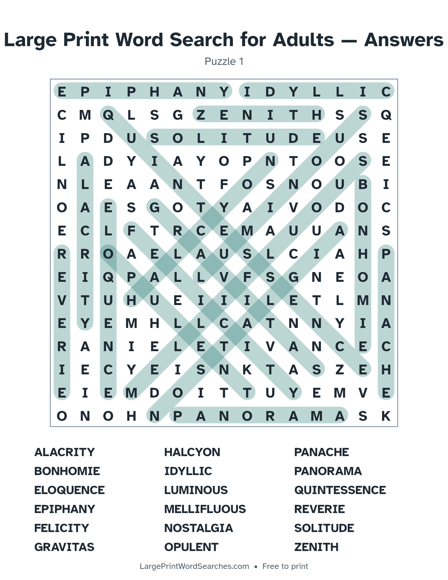 Answer key for large print word search for adults puzzle 1 with every hidden word highlighted