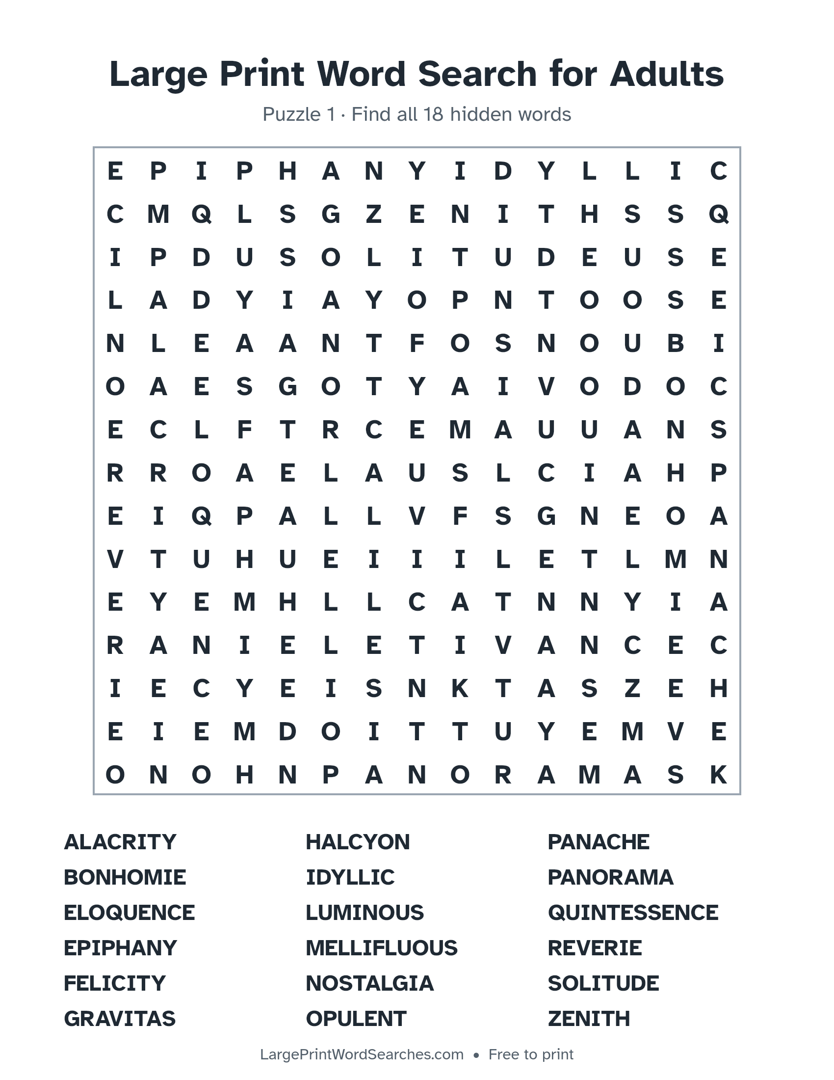 Large Print Word Search for Adults puzzle 1: a 15 by 15 letter grid with 18 hidden words in large print