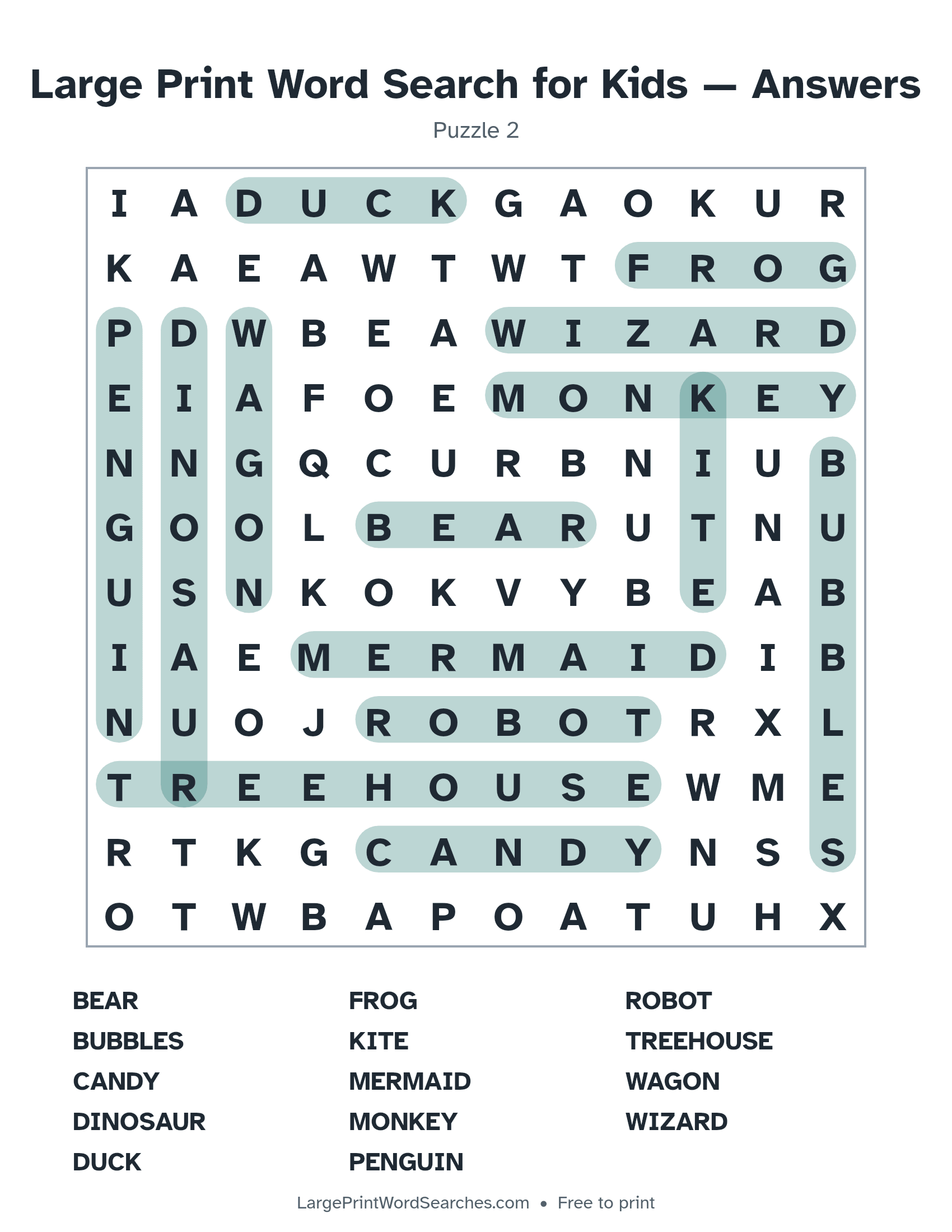 Answer key for large print word search for kids puzzle 2 with every hidden word highlighted