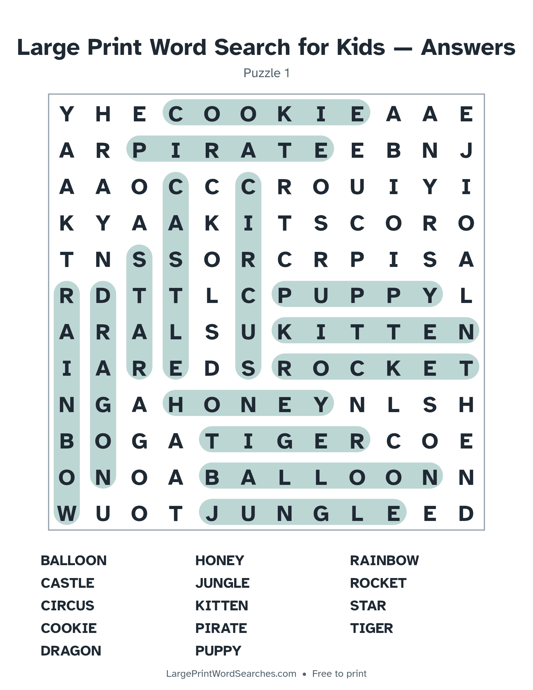 Answer key for large print word search for kids puzzle 1 with every hidden word highlighted