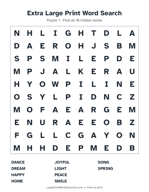 Extra Large word search — printable sheet preview