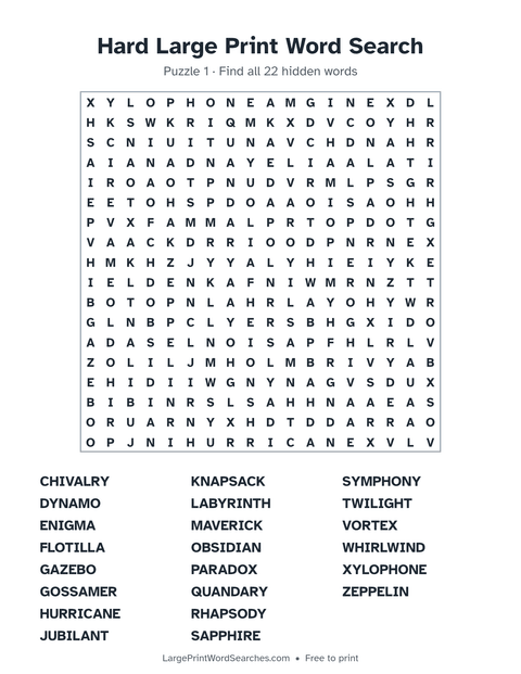 Hard word search — printable sheet preview