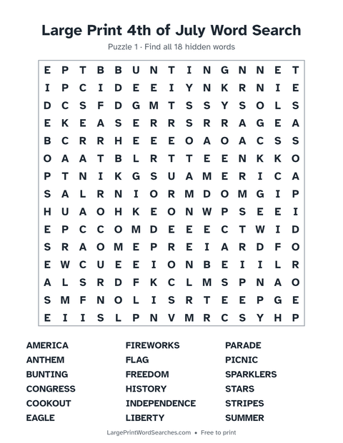 4th of July word search — printable sheet preview