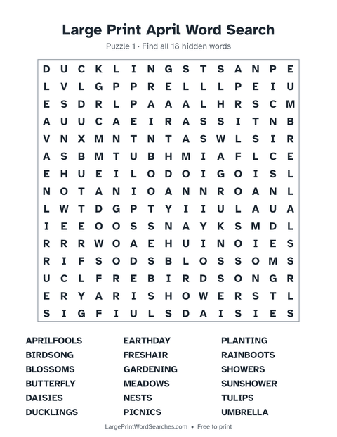 April word search — printable sheet preview