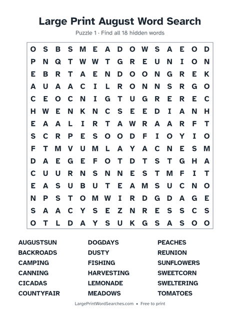 August word search — printable sheet preview