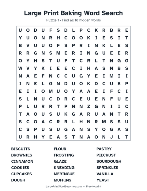 Baking word search — printable sheet preview