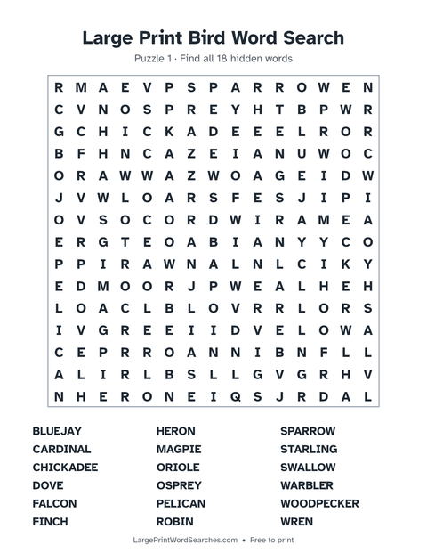 Birds word search — printable sheet preview