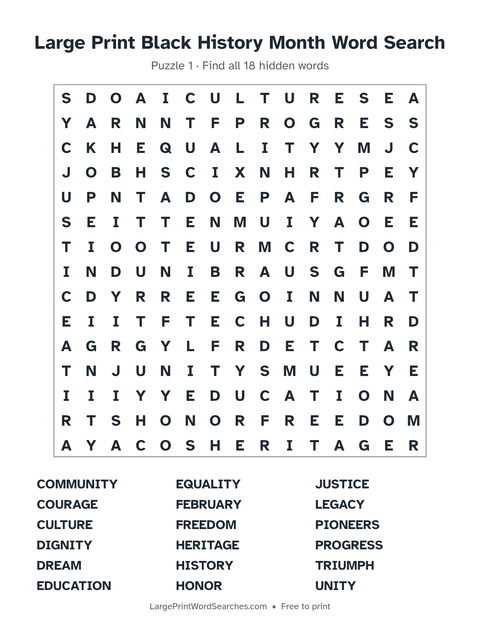 Black History Month word search — printable sheet preview