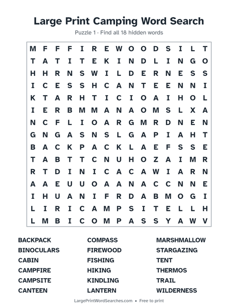 Camping word search — printable sheet preview
