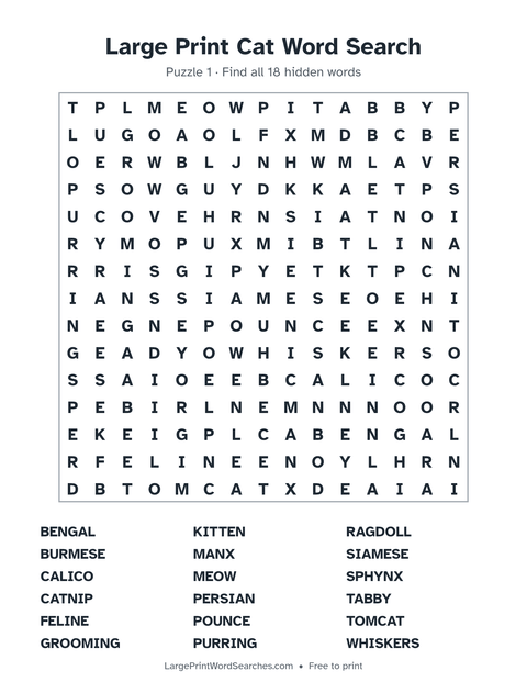 Cats word search — printable sheet preview