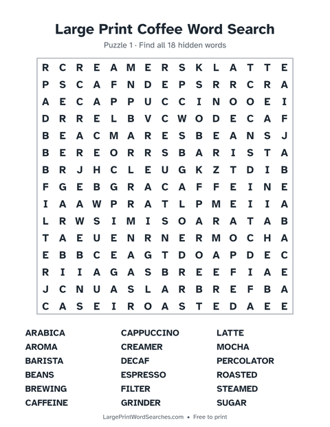 Coffee word search — printable sheet preview