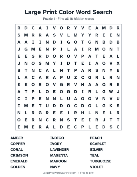 Colors word search — printable sheet preview