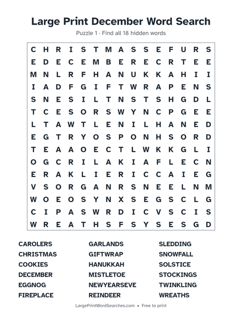December word search — printable sheet preview