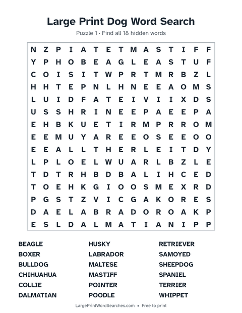 Dogs word search — printable sheet preview