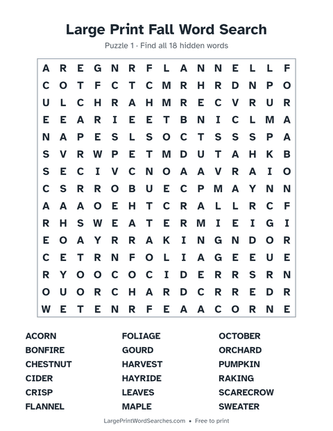 Fall word search — printable sheet preview