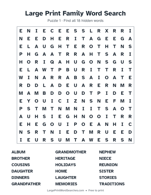 Family word search — printable sheet preview