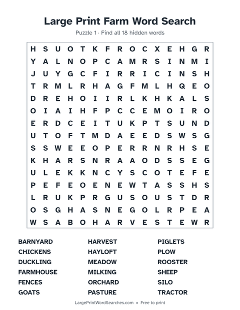 Farm word search — printable sheet preview