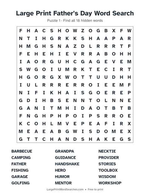 Father's Day word search — printable sheet preview