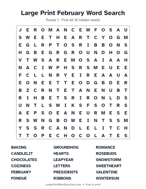 February word search — printable sheet preview
