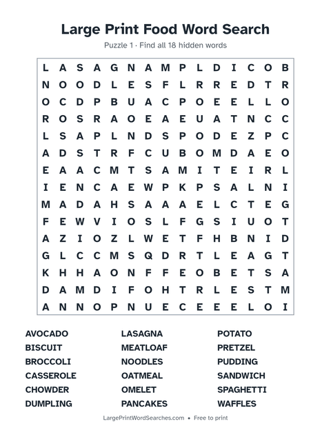 Food word search — printable sheet preview