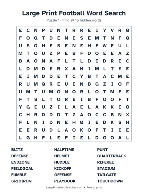 Football word search — printable sheet preview
