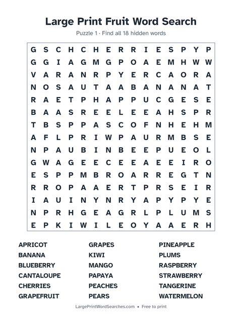 Fruits word search — printable sheet preview