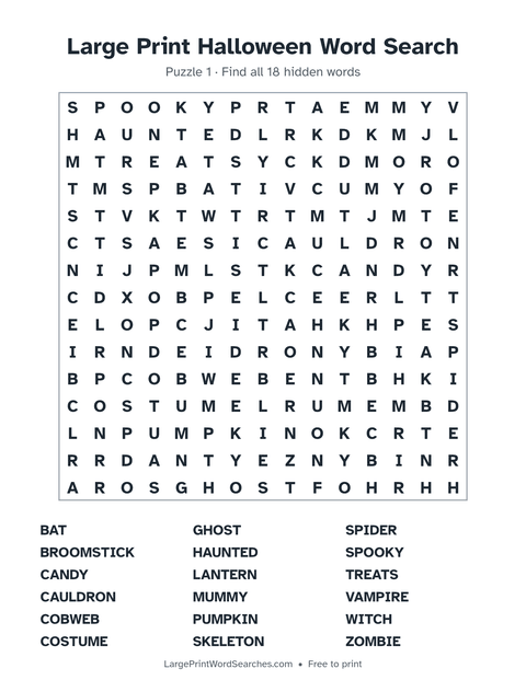 Halloween word search — printable sheet preview