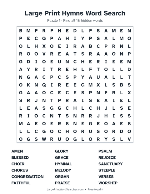 Hymns word search — printable sheet preview