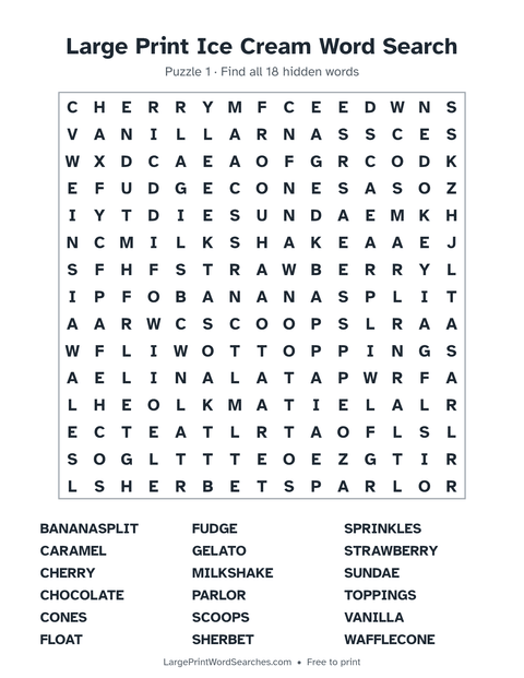 Ice Cream word search — printable sheet preview