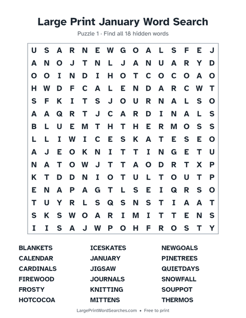 January word search — printable sheet preview