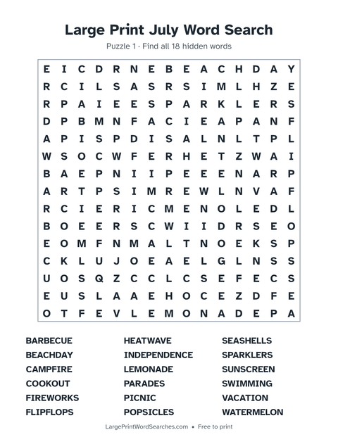 July word search — printable sheet preview