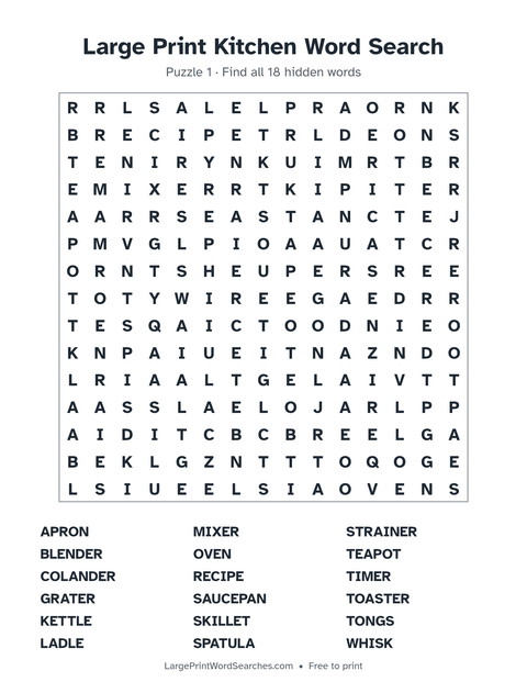 Kitchen word search — printable sheet preview