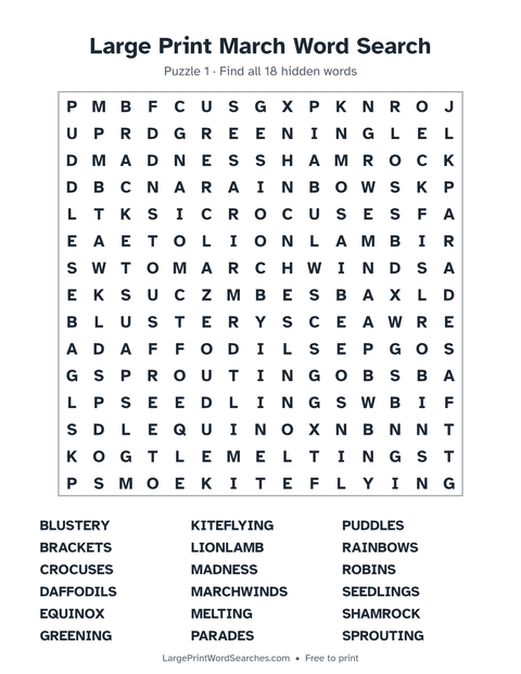 March word search — printable sheet preview