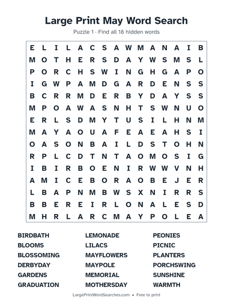 May word search — printable sheet preview