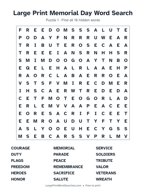 Memorial Day word search — printable sheet preview
