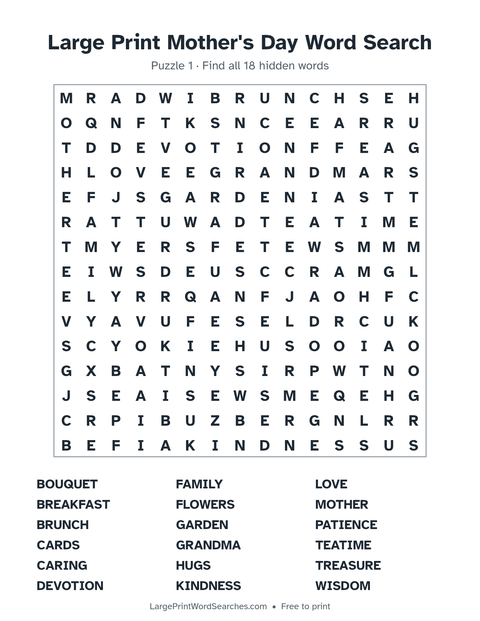 Mother's Day word search — printable sheet preview