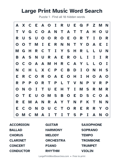Music word search — printable sheet preview