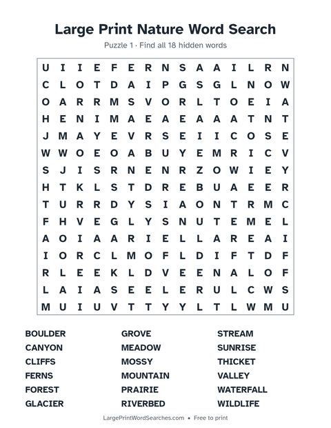 Nature word search — printable sheet preview
