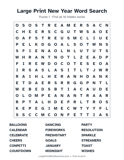 New Year word search — printable sheet preview