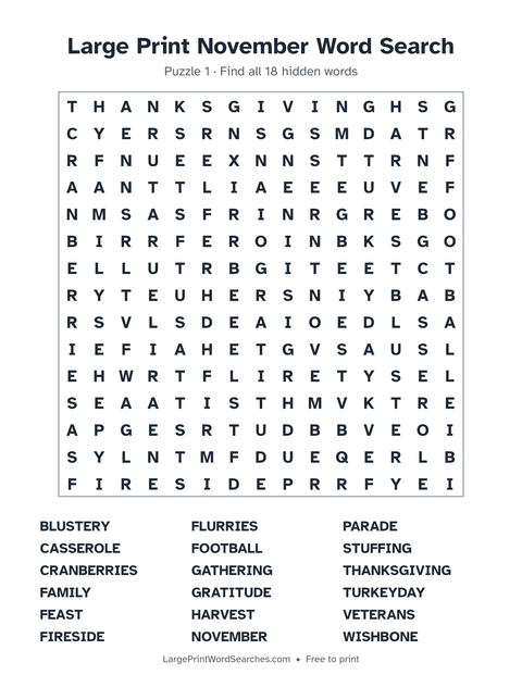 November word search — printable sheet preview