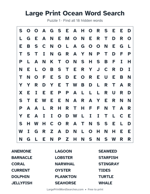 Ocean word search — printable sheet preview