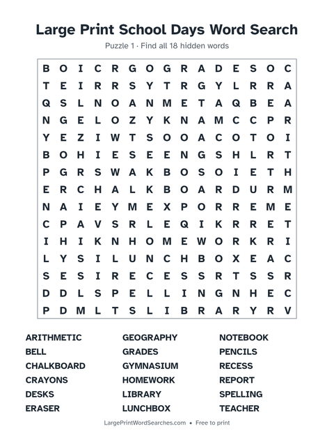 School Days word search — printable sheet preview