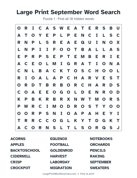 September word search — printable sheet preview
