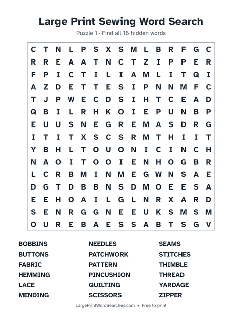 Sewing word search — printable sheet preview