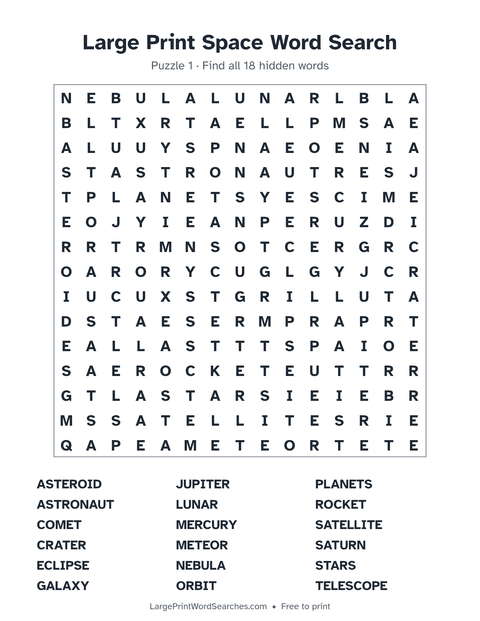 Space word search — printable sheet preview