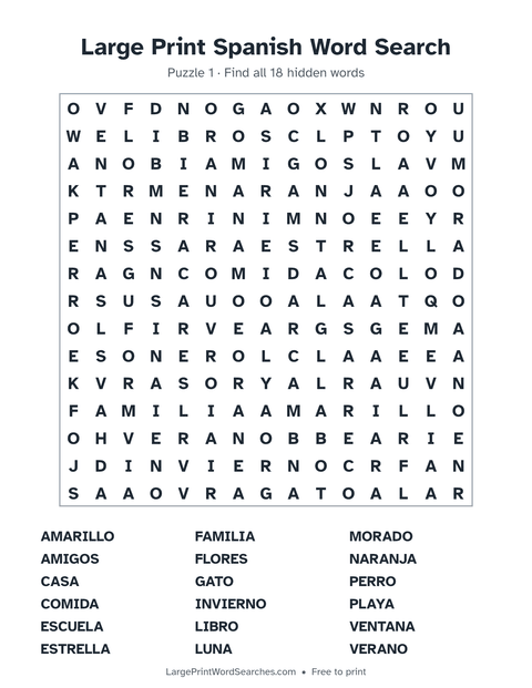 Spanish word search — printable sheet preview