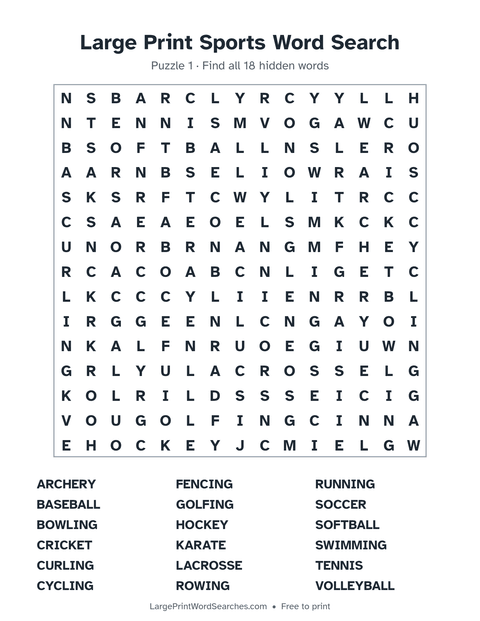 Sports word search — printable sheet preview