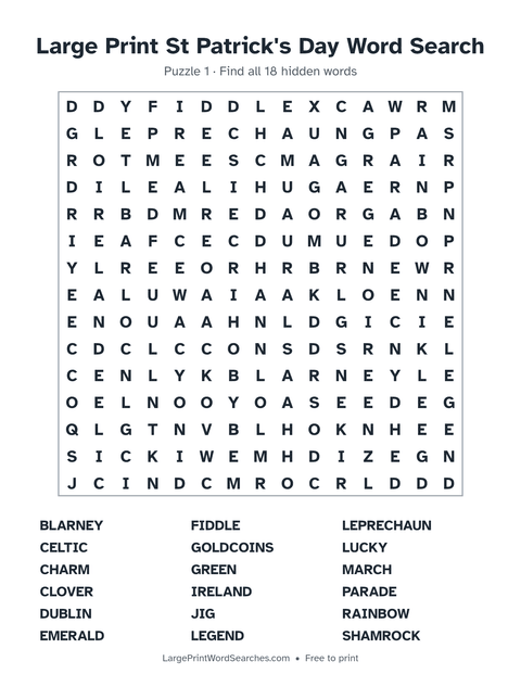 St Patrick's Day word search — printable sheet preview