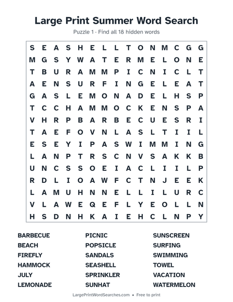 Summer word search — printable sheet preview