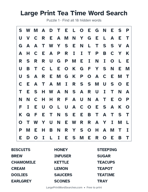 Tea Time word search — printable sheet preview